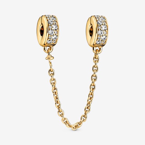 Clear Pave Safety Chain Clip Charm Pandora CA Gold Plated
