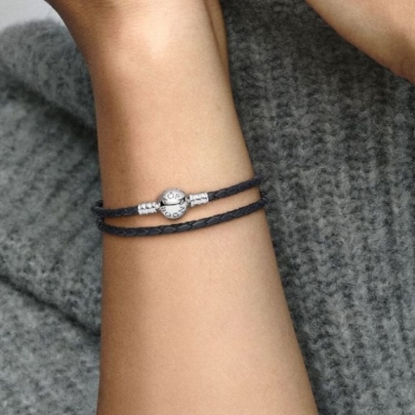 Moments Double Pandora CA Black Leather Bracelet