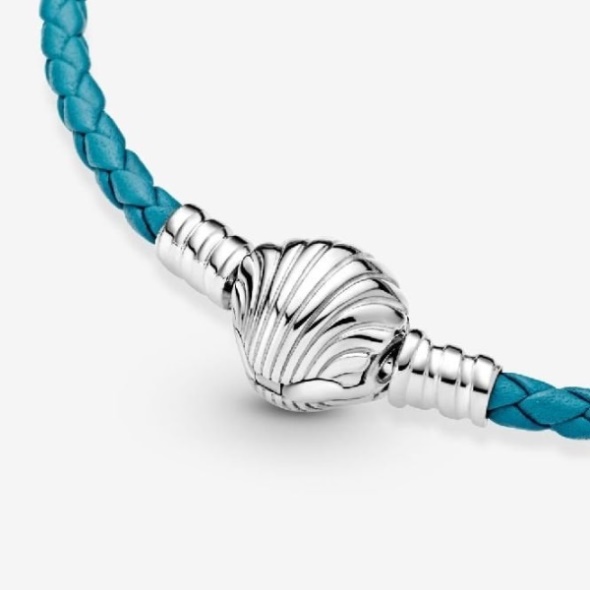 Moments Pandora CA Seashell Clasp Turquoise Braided Leather Bracelet