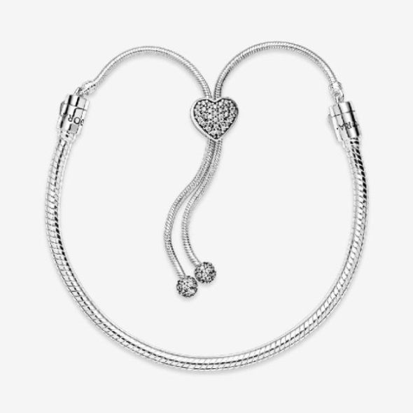 Moments Pave Heart Clasp Snake Chain Slider Bracelet Pandora CA