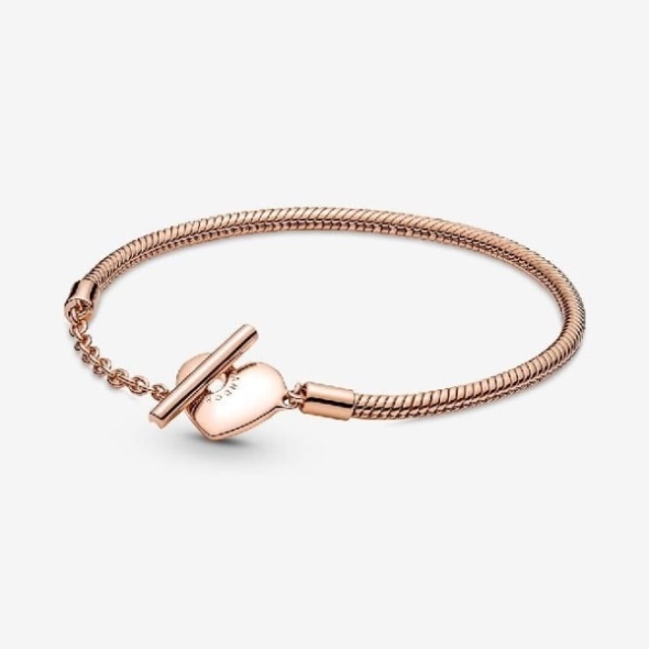 Moments Rose Brand Pandora CA Heart T-Bar Snake Chain Bracelet