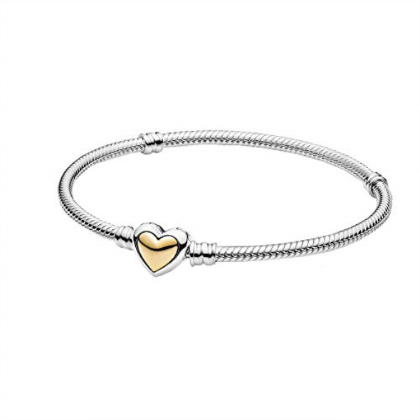 Pandora CA Domed Golden Heart Clasp Snake Chain 925 Sterling Silver Bracelet