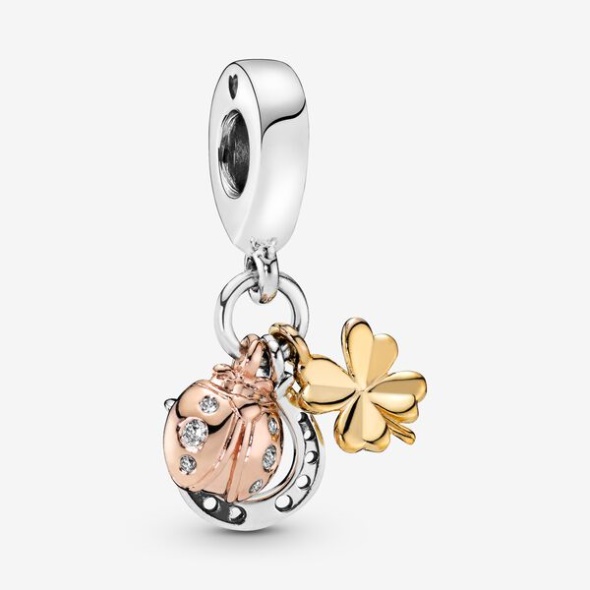 Pandora CA Horseshoe Clover Ladybird Dangle Charm Tri-Tone