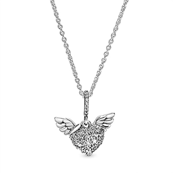 Pandora CA Pave Heart and Angel Wings Necklace