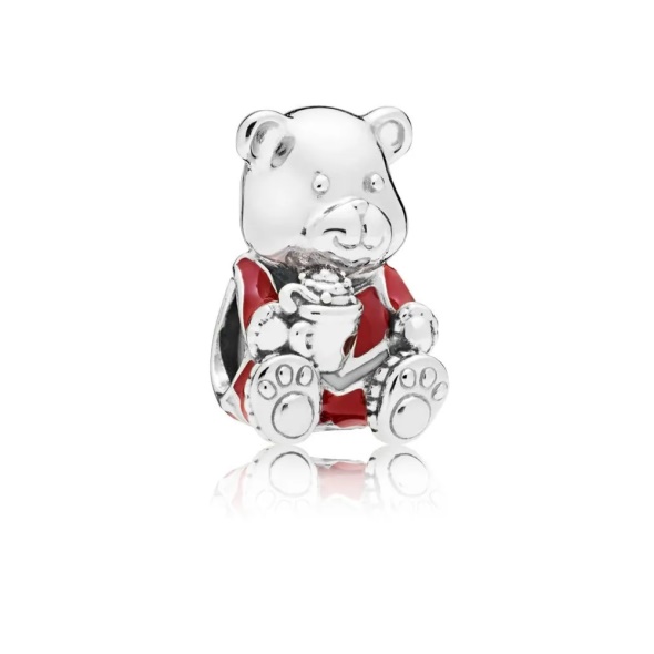 Pandora CA Retired Sterling Silver Christmas Teddy Bear Charm with Red Enamel