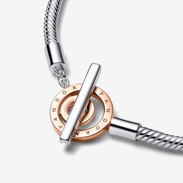 Pandora CA Signature Two-Tone Logo T-Bar Snake Chain Bracelet