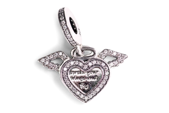 Pandora CA Sterling Silver with Cubic Zirconia Heart and Angel Wings Dangle Charm