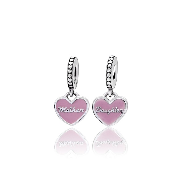 Pandora CA Women Sterling Silver Mother Daughter Hearts Pink Pendant Charm