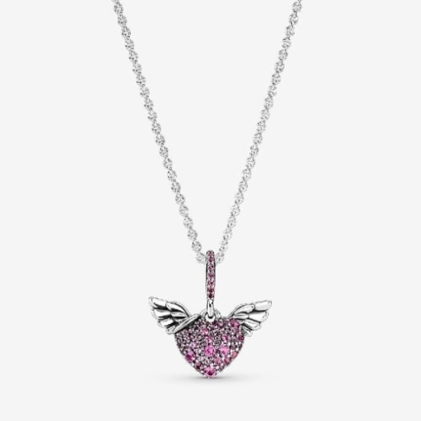 Pink Pave Heart  Angel Wings Necklace Pandora CA