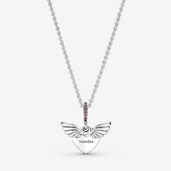 Pink Pave Heart  Angel Wings Necklace Pandora CA