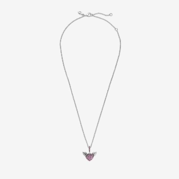 Pink Pave Heart  Angel Wings Necklace Pandora CA