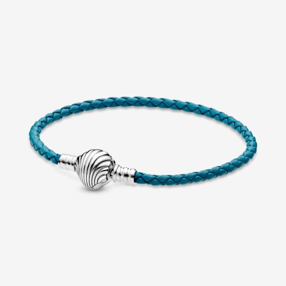 Pandora CA Moments Seashell Clasp Turquoise Braided Leather Bracelet