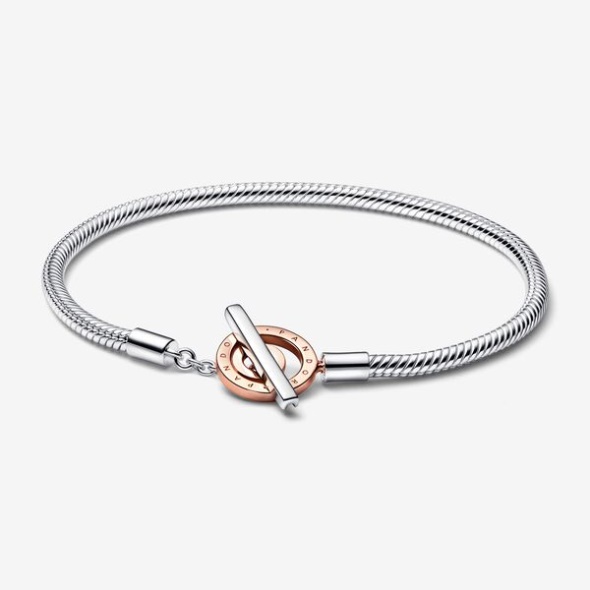 Pandora CA Signature Two-Tone Logo T-Bar Snake Chain Bracelet
