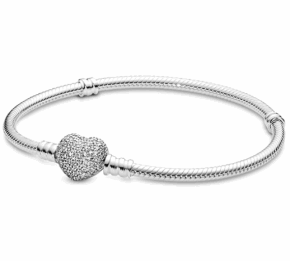 Pandora CA Jewelry Moments Sparkling Heart Clasp Snake Chain Charm Cubic Zirconia Bracelet