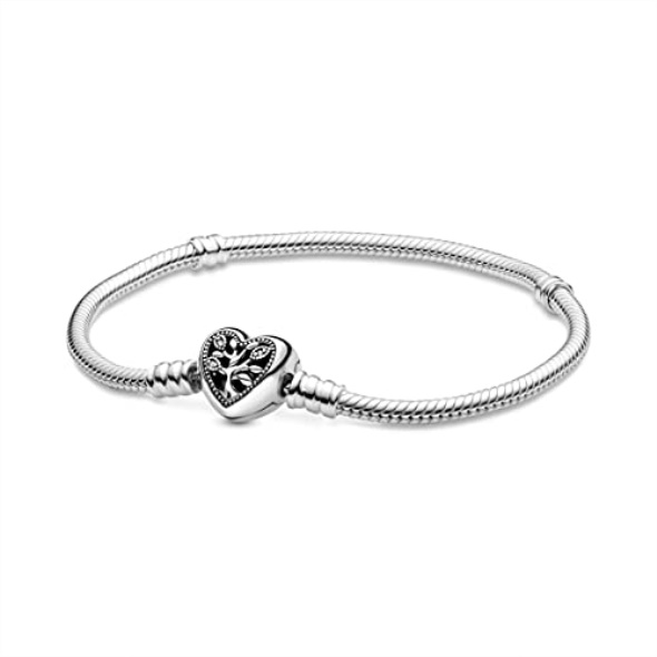 Pandora CA Moments Women Sterling Silver Family Tree Heart Clasp Snake Chain Bracelet