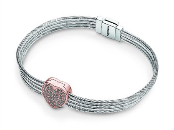 Pandora CA Sterling Silver and Rose Gold Reflexions Pave Heart Snake Chain Bracelet
