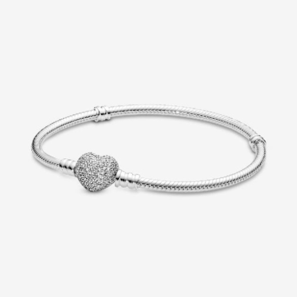Pandora CA Moments Sparkling Heart Pave Clasp Snake Chain Bracelet